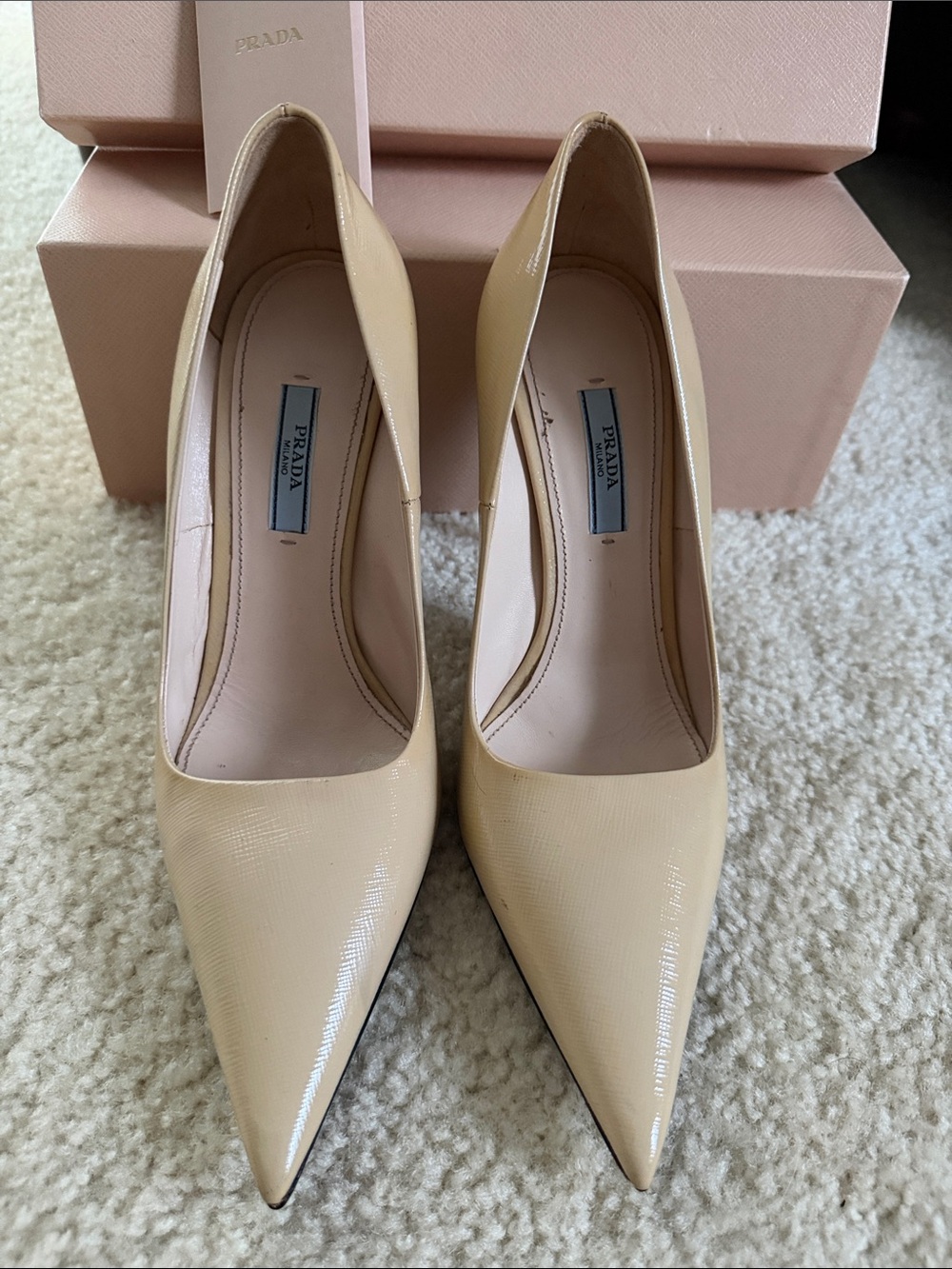 Prada Cream Patent Pointed-Toe Pumps